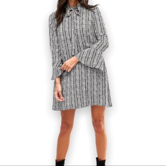 ASOS Goldie Janey Striped Leaf Printed Shift Dress With Bell Sleeves & Neck Tie - Picture 3 of 12